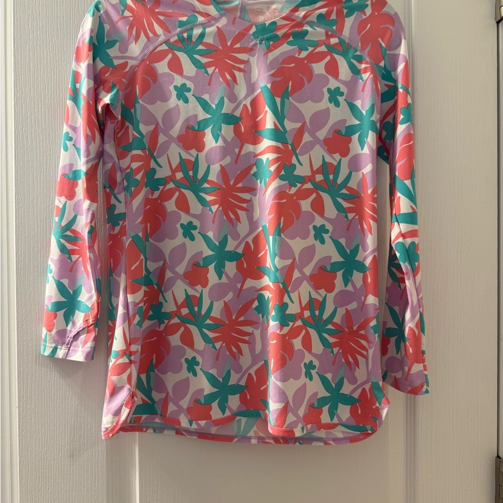 NWOT Coolibar youth large floral Long Sleeve hooded swim cover up/rash guard
